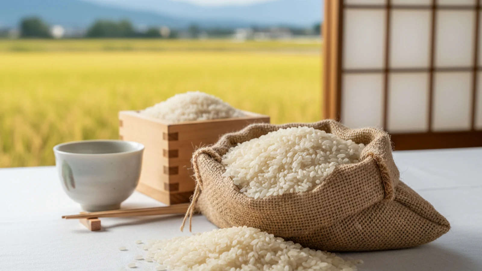 秋に収穫された新米の麻袋を背景に、ツヤツヤに炊き上がったご飯のアップ