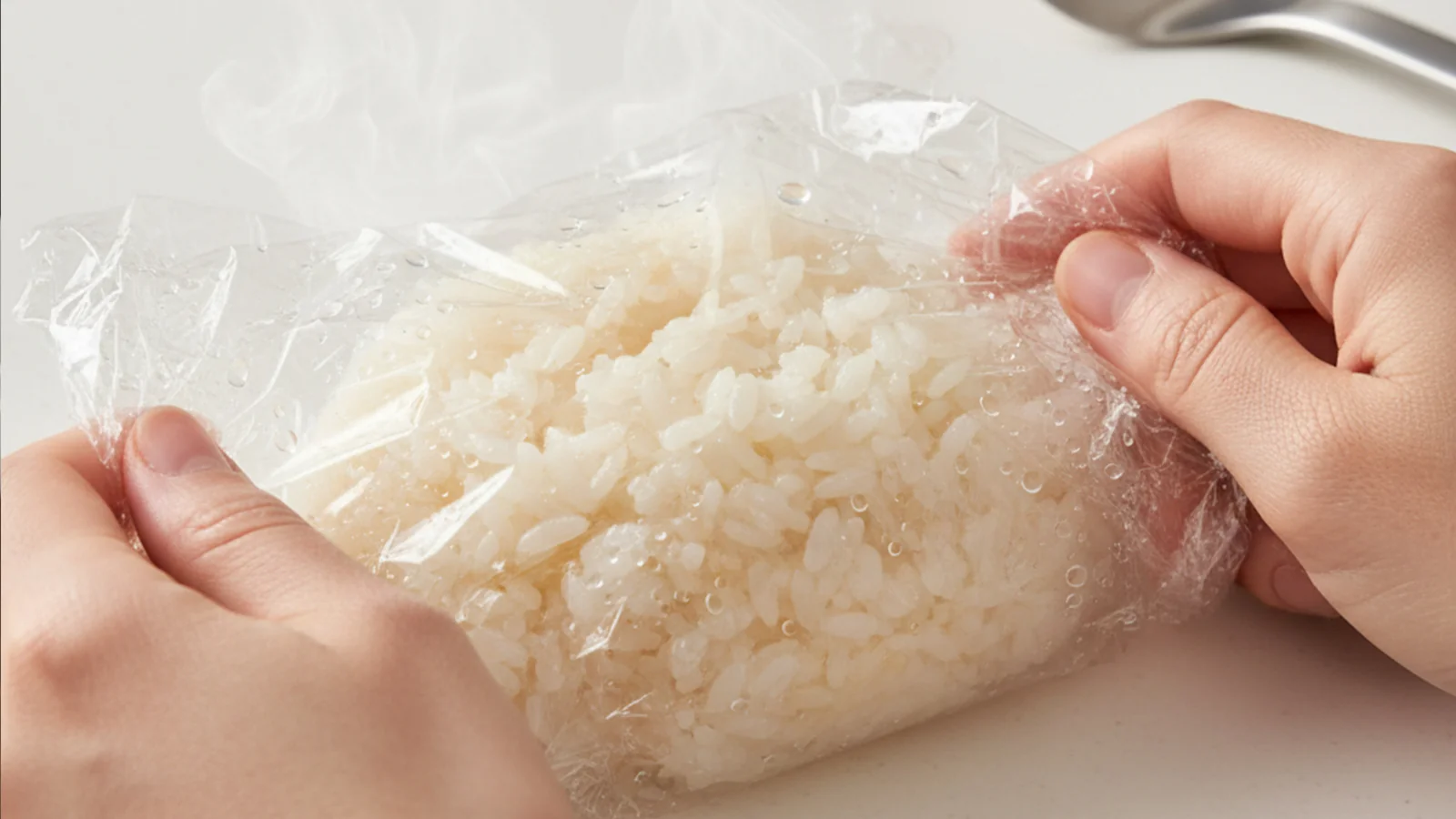 炊き上がったご飯をラップで包んでいる