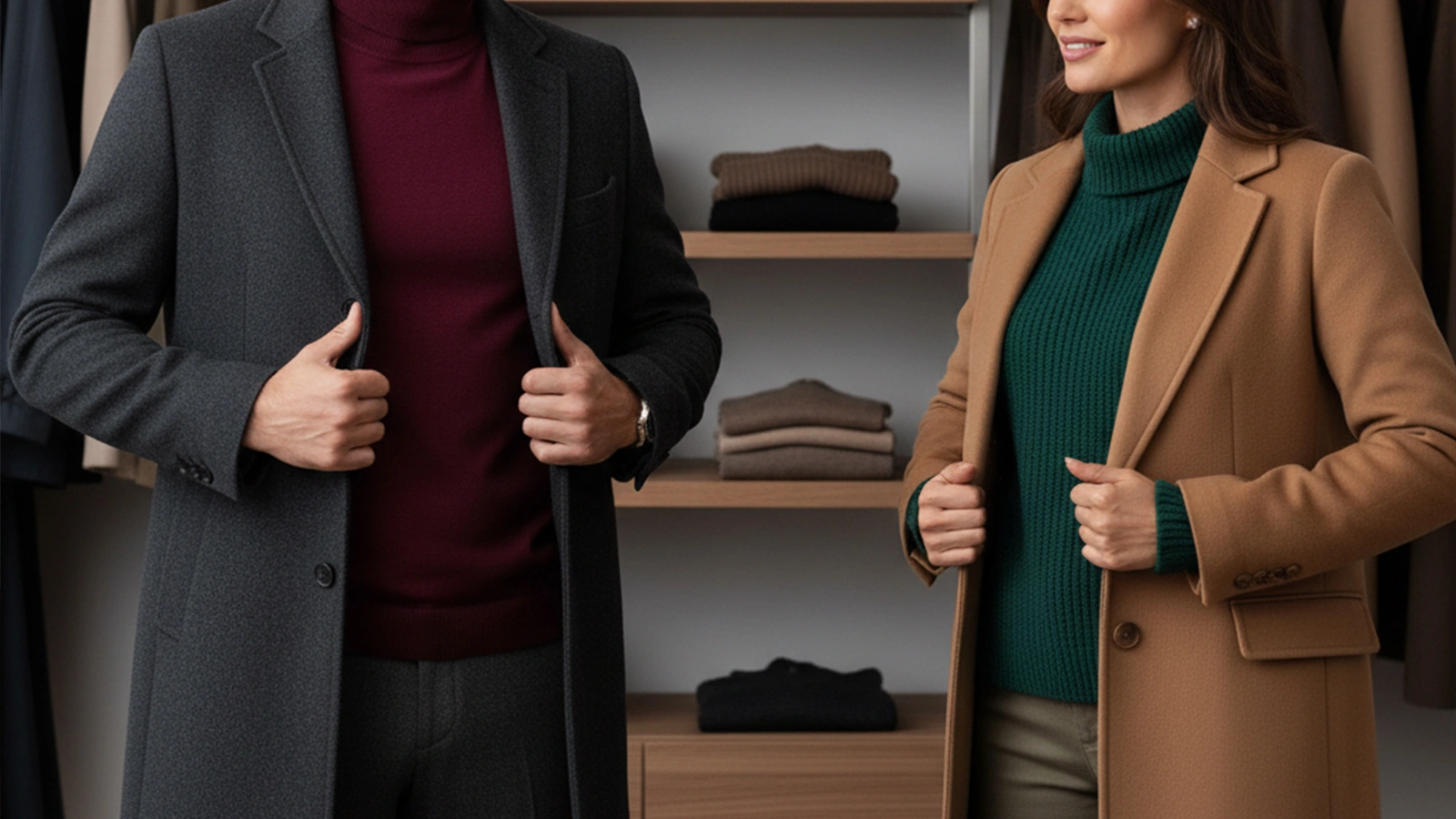 タートルセーターにチェスターコートを着た男性と女性