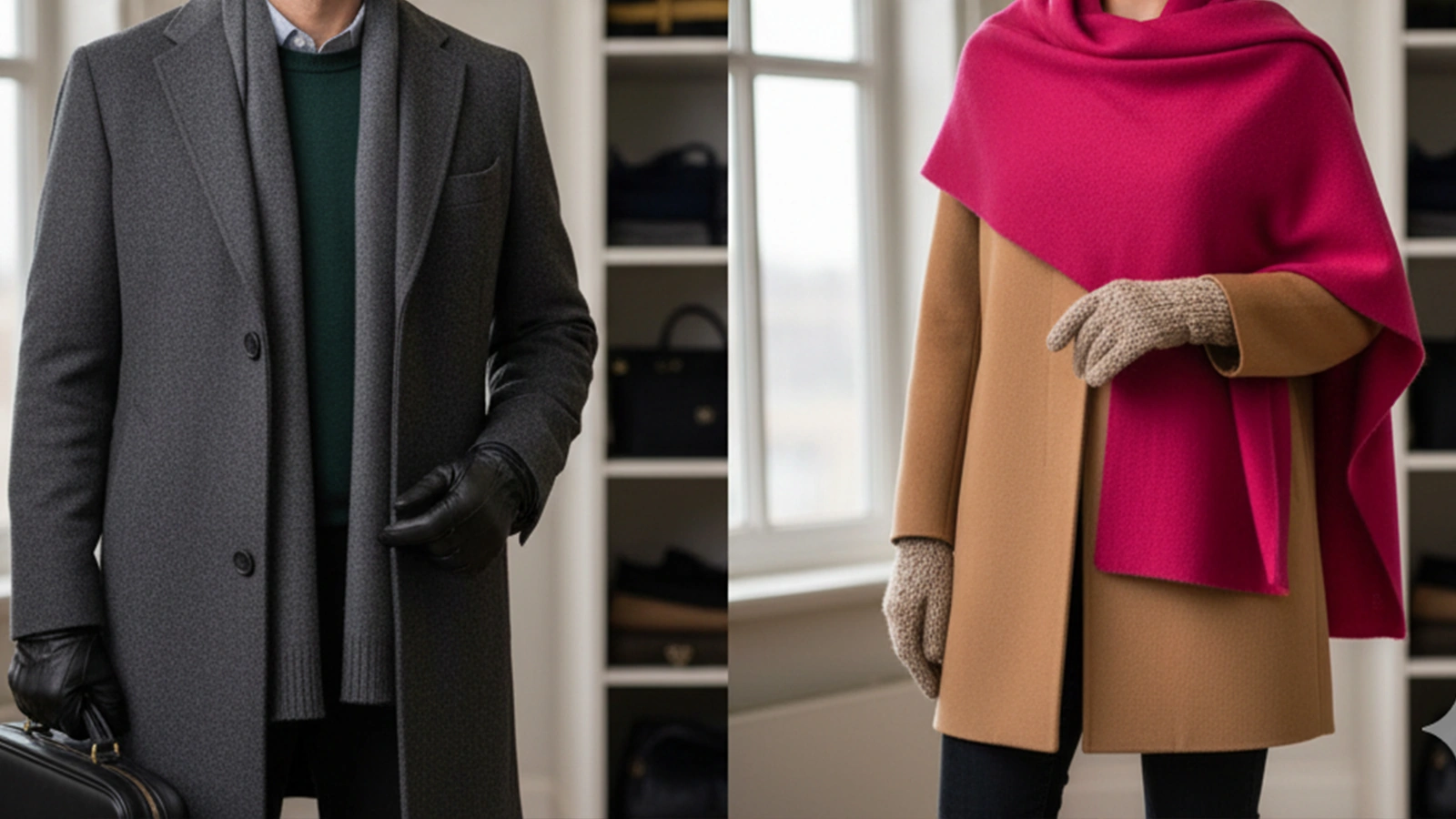 グリーンのセーターにグレーのマフラーを身につけた男性と、ビビッドなピンクストールをアウターの上に重ねた女性